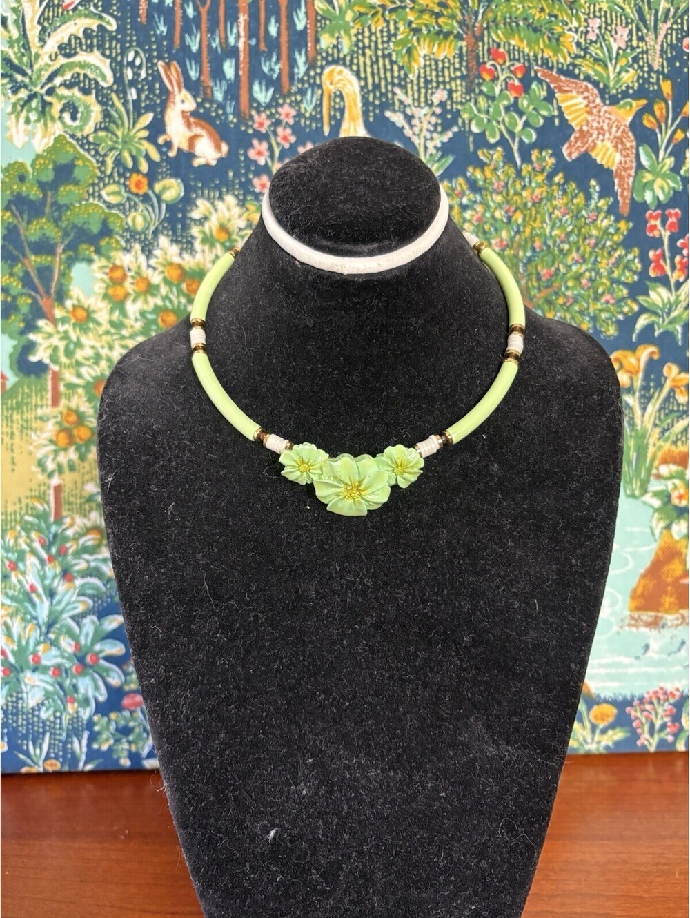 Vintage 1960s Green Enamel Floral Beaded Choker Necklace Marked Japan Yellow Whi